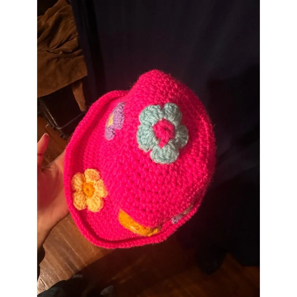 Hot Pink Crochet Flower Bucket Hat Y2K Festival Cottagecore